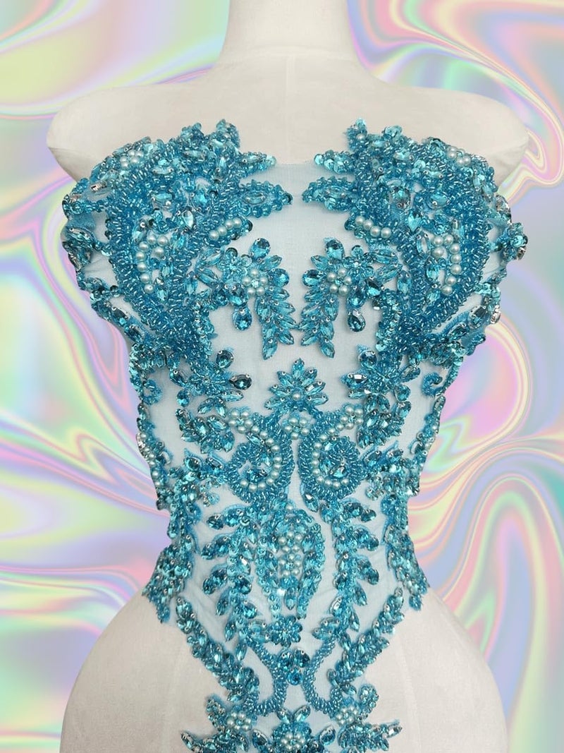 ArtistryXB Handmade Rhinestones Lace Bodice Applique Sew on Beads Sequins Trimming Patches for Dress Clothing Accessories 1Pcs/Bag (Sky Blue) - Image 5